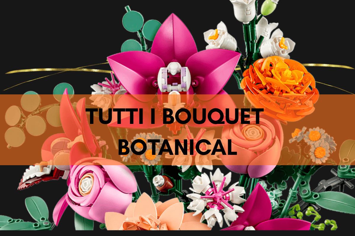 Collezione completa di bouquet LEGO con fiori colorati costruiti con mattoncini LEGO