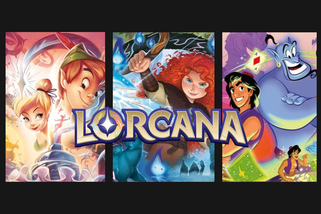 Carte Disney Lorcana Incantate con Merida Wisp Conjurer, Aladdin Genie Mischievous Pals e Peter Pan Tinker Bell Fast Friends