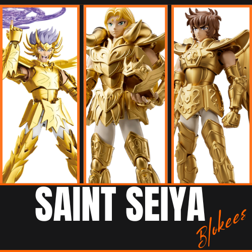 Collezione di action figure Blokees Saint Seiya con i Cavalieri d'Oro esposti insieme
