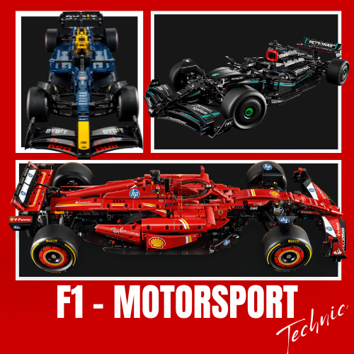 Collezione di set LEGO Technic Formula 1 e Motorsport con auto da corsa dettagliate ispirate alle competizioni motoristiche.