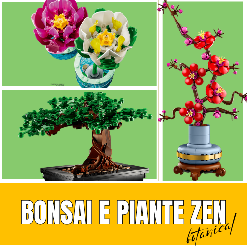 Piccolo bonsai in stile zen utilizzato come pianta decorativa da interno per creare un’atmosfera rilassante e minimalistae altri botanical lego
