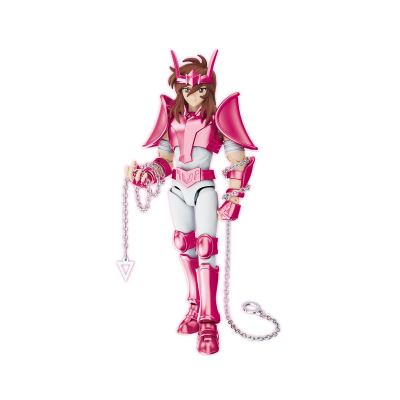 Andromeda Shun Blokees Champion Class 15 in posa di combattimento con Catena d'Attacco e Catena di Difesa dei Cavalieri dello Zodiaco pezzi principali dell'armatura (pettorale, coprispalle, schinieri e bracciali) presentano la finitura rosa set 75013