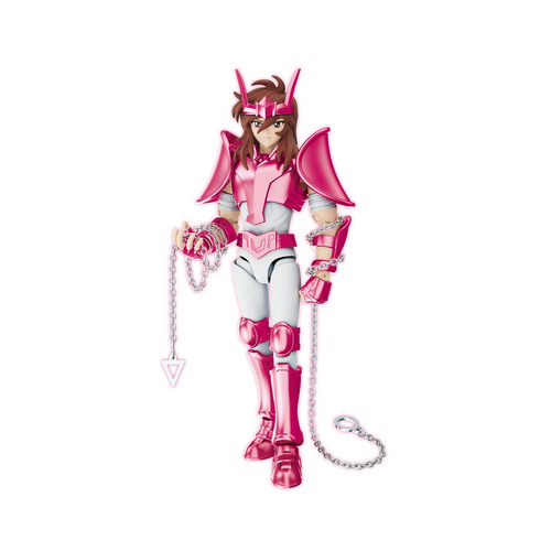 Andromeda Shun Blokees Champion Class 15 in posa di combattimento con Catena d'Attacco e Catena di Difesa dei Cavalieri dello Zodiaco pezzi principali dell'armatura (pettorale, coprispalle, schinieri e bracciali) presentano la finitura rosa set 75013