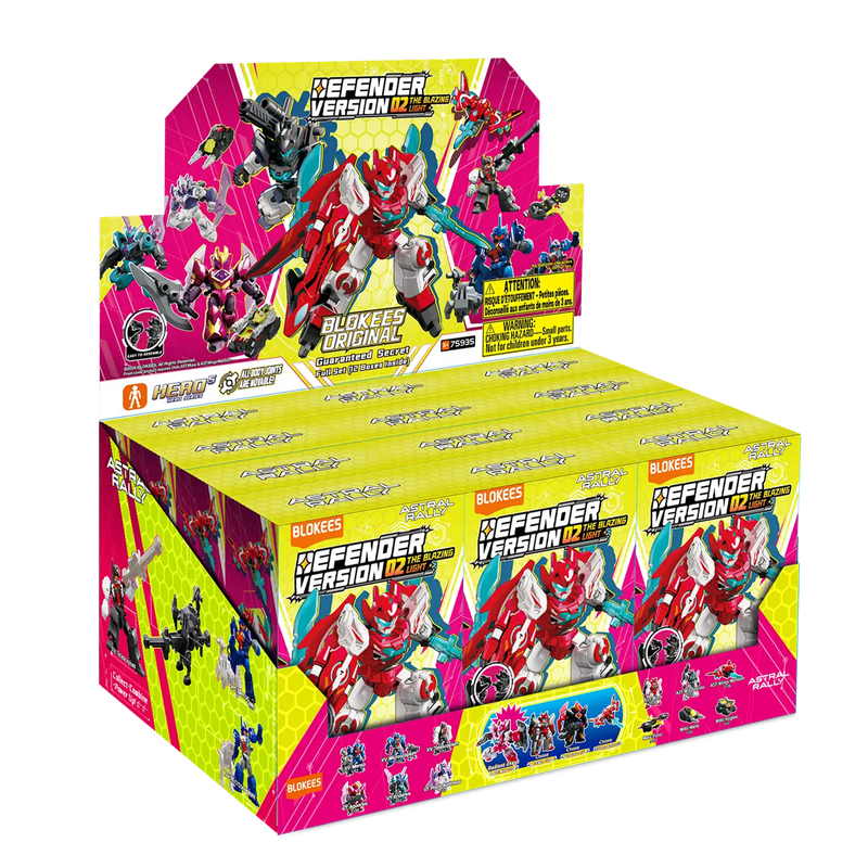 Blokees Astral Rally Defender Version 02 The Blazing Light codice 75935 EAN 810181537413, confezione da 12 pezzi gialla e fucsia, dimensioni 22,61 x 15,01 x 11 cm.