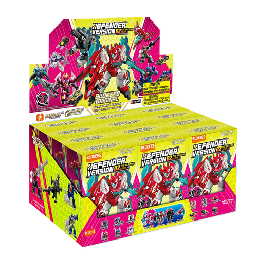 Blokees Astral Rally Defender Version 02 The Blazing Light codice 75935 EAN 810181537413, confezione da 12 pezzi gialla e fucsia, dimensioni 22,61 x 15,01 x 11 cm.