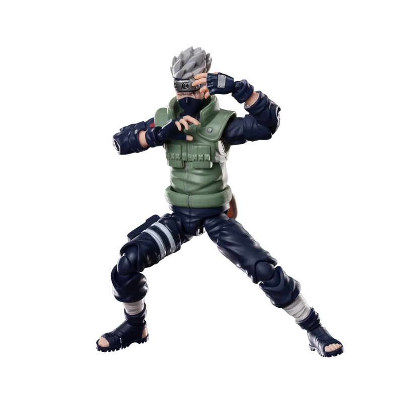 Dettaglio del volto dell'action figure Blokees di Kakashi Hatake con lo Sharingan visibile.