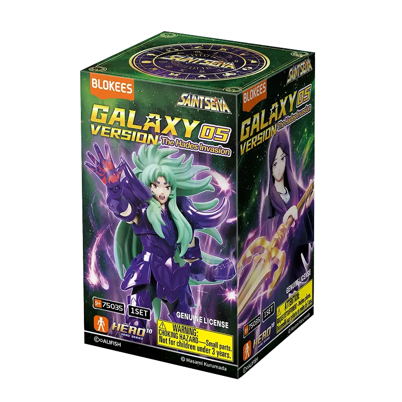 Scatola Blokees Saint Seiya Galaxy Version 05 The Hades Invasion, set completo 9 blind box model kit Cavalieri dello Zodiaco con Spectre dalle armature viola EAN 810181535419 codice set 75035