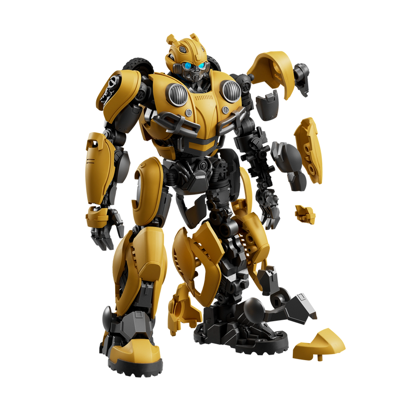 Dettaglio ravvicinato del modello Blokees Transformers Bumblebee 27, con particolare attenzione alla testa, al corpo e ai dettagli meccanici del personaggio Bumblebee nei colori giallo e nero