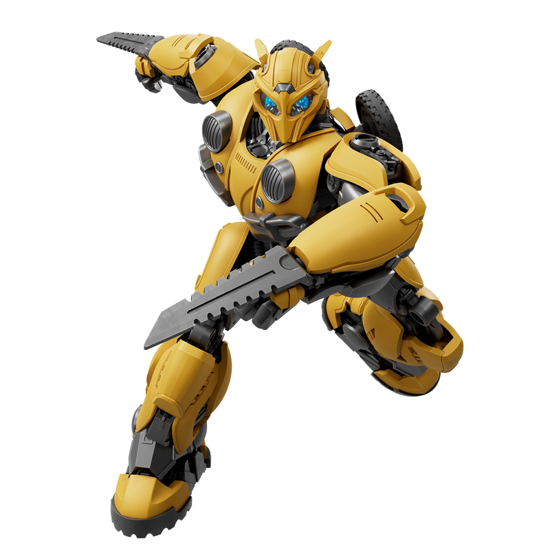 Modello Blokees Transformers Bumblebee 27 completamente assemblato e pronto da esporre, raffigurante Bumblebee in versione robot con livrea gialla e nera, dettagli meccanici e parti articolate