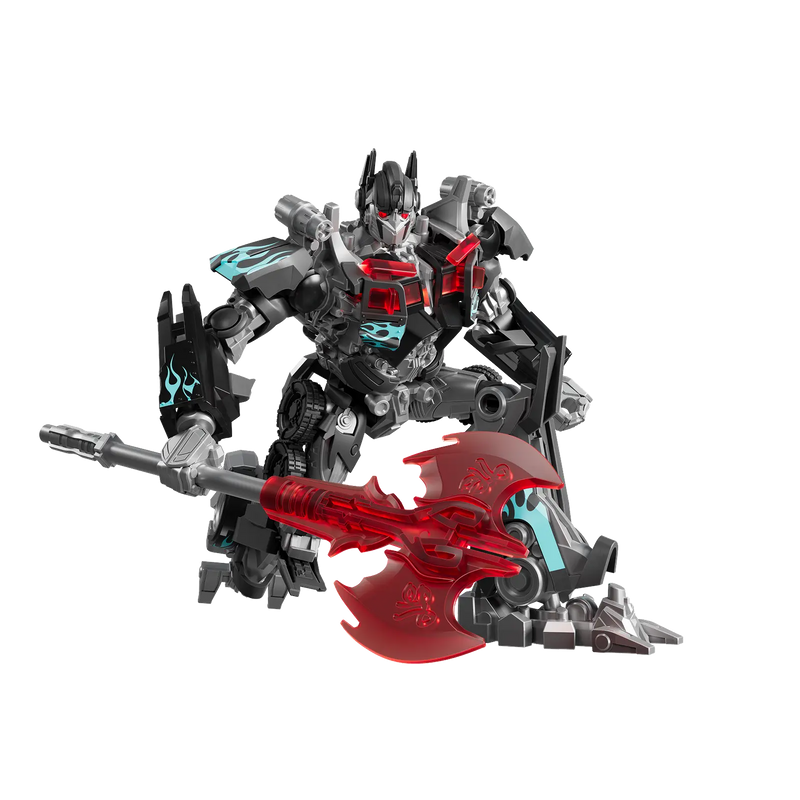 lokees Transformers Jet Wing Optimus Prime Black Version in posa con un ginocchio a terra e ascia rossa semitrasparente.