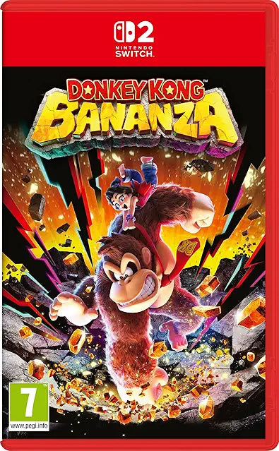 Copertina di Donkey Kong Bananza per Nintendo Switch 2 con Donkey Kong in un’avventura platform colorata tra giungle, rovine e ambienti distruttibili