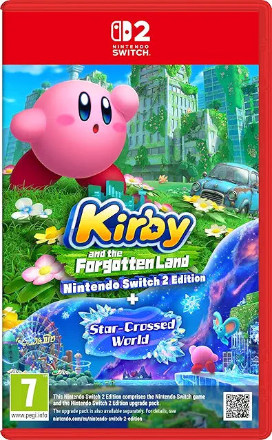 Copertina di Kirby e la Terra Perduta – Nintendo Switch 2 Edition con Kirby in un mondo post-apocalittico colorato e ambienti tridimensionali esplorabili
