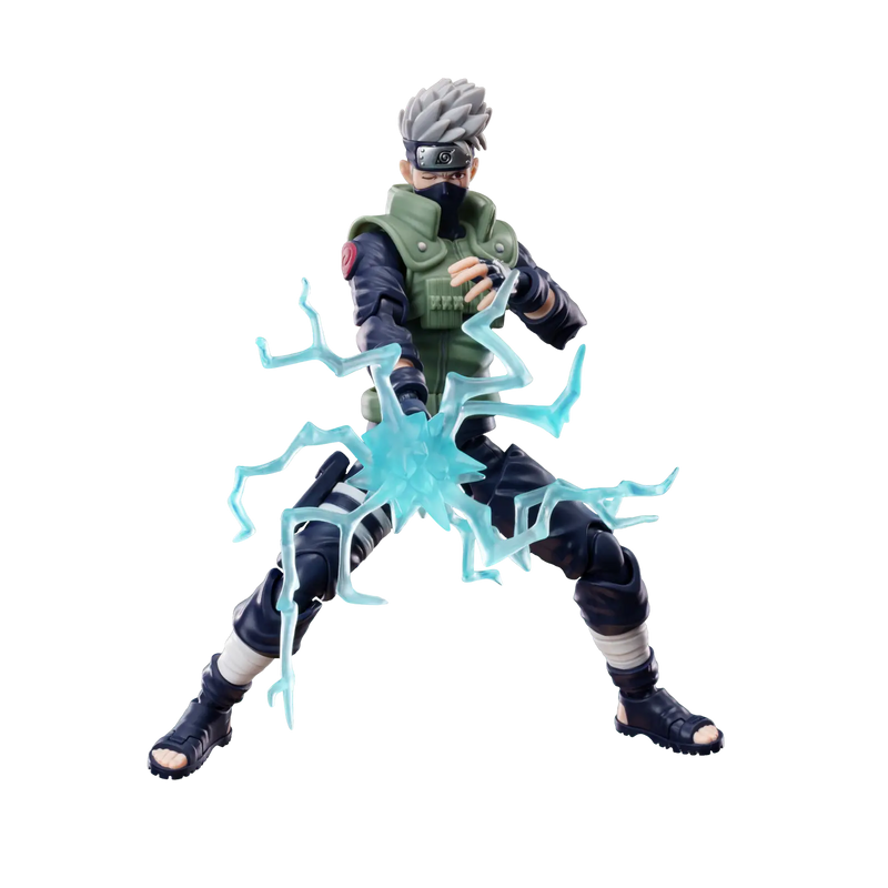 Kakashi Hatake Blokees Naruto Champion Class con effetto speciale del Mille Falchi attivato EAN 810181532838 set 75617 
 Chiaro	I capelli presentano la classica forma a punte orientata verso l'alto. La pelle è chiara Il tessuto scuro copre la bocca e il naso. Il coprifronte blu navy include piastre frontali  classico gilet dei Jonin è verde opaco,
La maglia a maniche lunghe e i pantaloni riprendono una tonalità blu scura uniforme, interrotta dalle fasce bianche attorno alla coscia.

