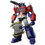 Optimus Prime EVO con Cannon Rifle ed Energon Axe il classico schema cromatico del leader Autobot. Il petto integra una finitura per i finestrini del camion (azzurro trasparente o scuro) e un sistema di effetti luminosi interni per la matrice gambe e i calzari mantengono la tonalità blu Le parti strutturali, i componenti delle cosce, i serbatoi laterali e i giunti interni sono stampati in grigio per simulare il metallo  fucile blaster ionico modulare è stampato in grigio scuro opaco 