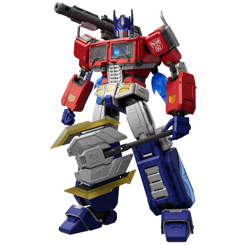 Optimus Prime EVO con Cannon Rifle ed Energon Axe il classico schema cromatico del leader Autobot. Il petto integra una finitura per i finestrini del camion (azzurro trasparente o scuro) e un sistema di effetti luminosi interni per la matrice gambe e i calzari mantengono la tonalità blu Le parti strutturali, i componenti delle cosce, i serbatoi laterali e i giunti interni sono stampati in grigio per simulare il metallo  fucile blaster ionico modulare è stampato in grigio scuro opaco 