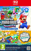 Copertina di Super Mario Bros. Wonder per Nintendo Switch 2 con Mario e personaggi del Regno dei Fiori in stile colorato e surreale.
