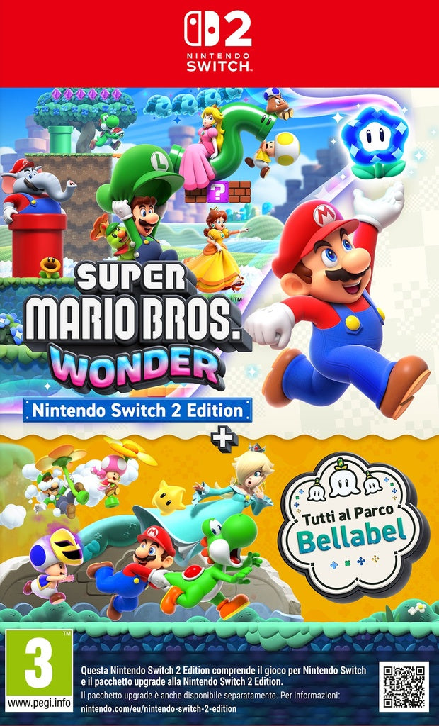 Copertina di Super Mario Bros. Wonder per Nintendo Switch 2 con Mario e personaggi del Regno dei Fiori in stile colorato e surreale.