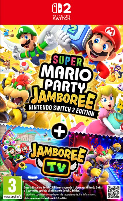 Copertina di Super Mario Party Jamboree per Nintendo Switch 2 con Mario, Luigi e amici Nintendo in una scena festosa e colorata tipica dei party game