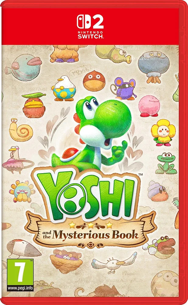 Copertina di Yoshi and the Mysterious Book per Nintendo Switch 2 con Yoshi in un’avventura platform magica tra pagine animate e mondi illustrati