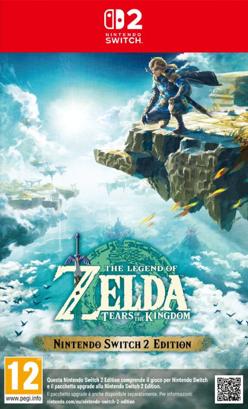 Zelda Tears of the Kingdom cover art per Nintendo Switch 2 con Link e ambientazione aerea di Hyrule tra isole nel cielo.